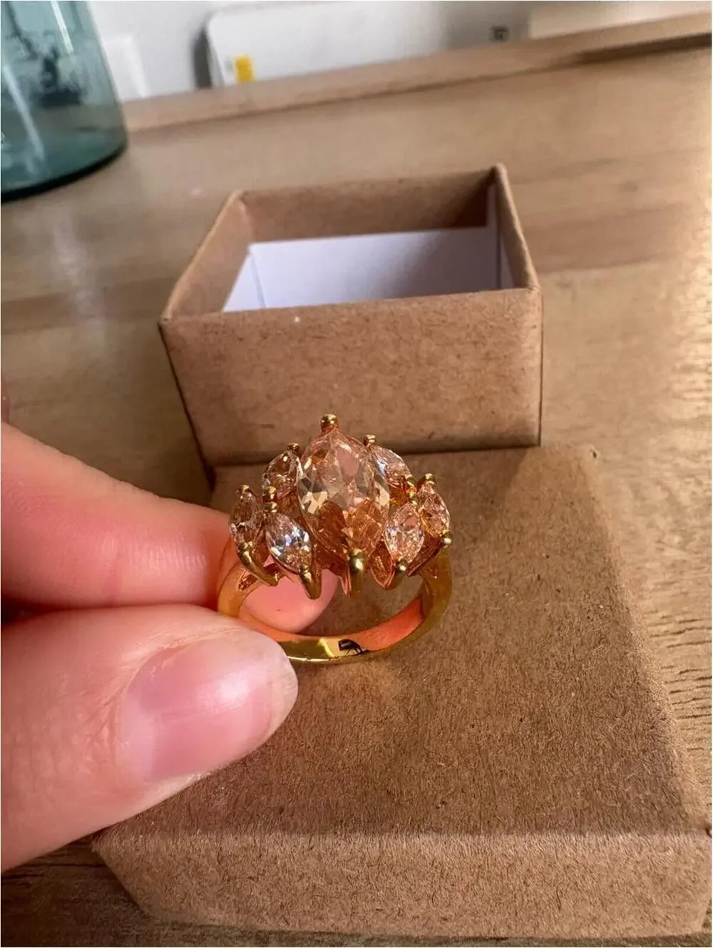 Gold-Tone Peach Crystal Cluster Statement Ring - Size 6.5